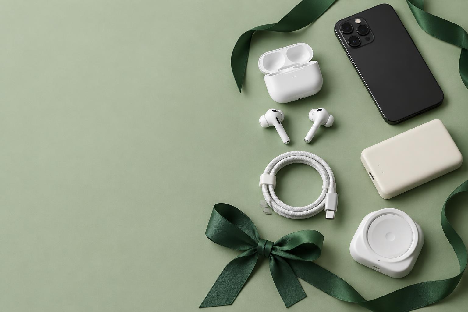 Phone accessories arranged with a green gift ribbon